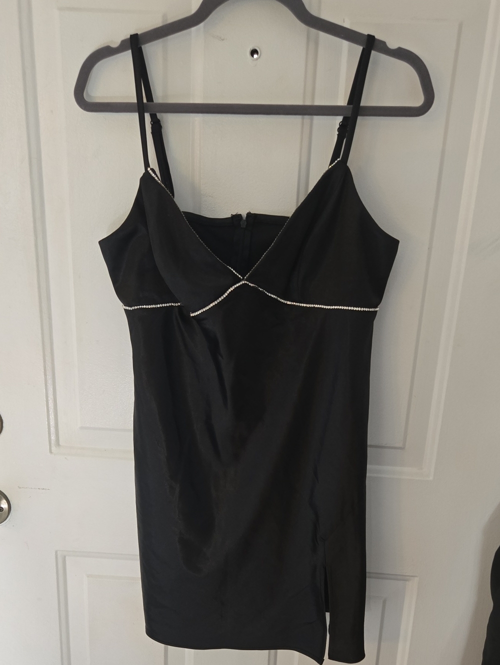 Morgan & Co. Black Satin Slip Dress with Rhinestone Trim